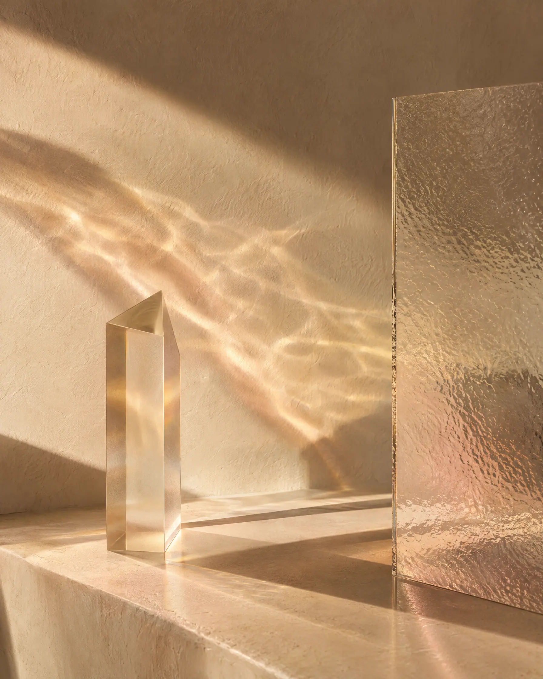Warm light refracting through frosted glass onto an ivory wall