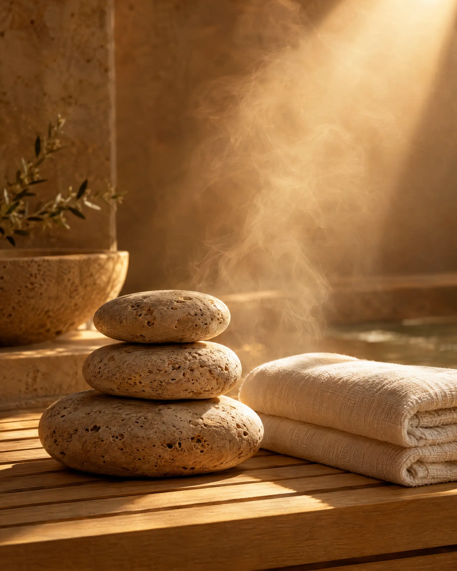 Steam rising over warm stones and folded linen